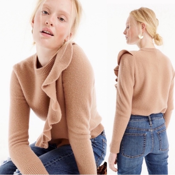 J. Crew Ruffle Crewneck Sweater 100% Merino Boiled Wool Brown Tan - Picture 2 of 9